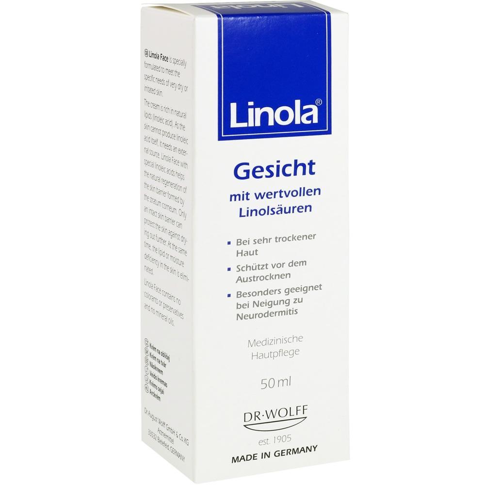 Weiße Schachtel von Linola-Gesichtscreme für trockene Haut, 50 ml.
