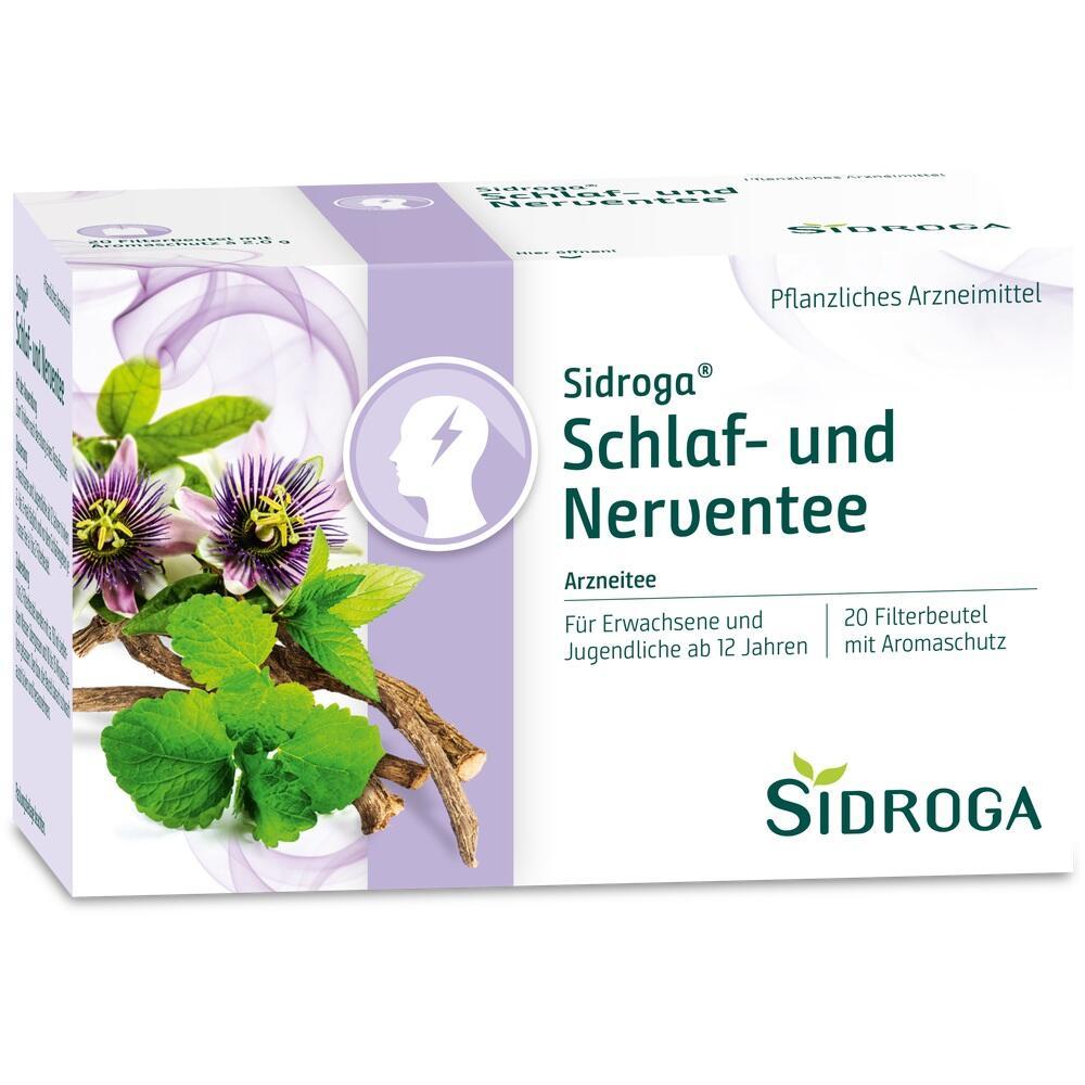Eine Packung Sidroga Schlaf- und Nerventee mit Blumen- und Blättermotiv.