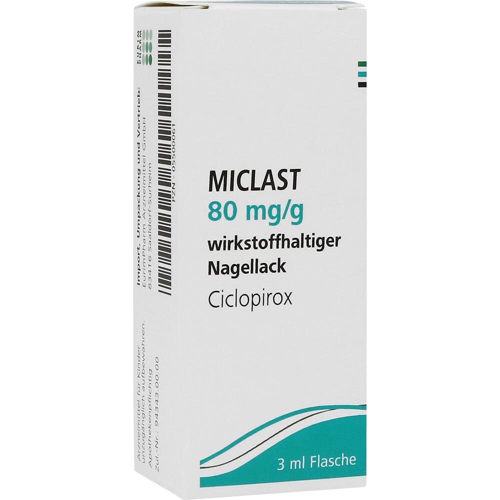 Wei&szlig;e Packung mit der Aufschrift "MICLAST" und dem Wirkstoff "Ciclopirox".