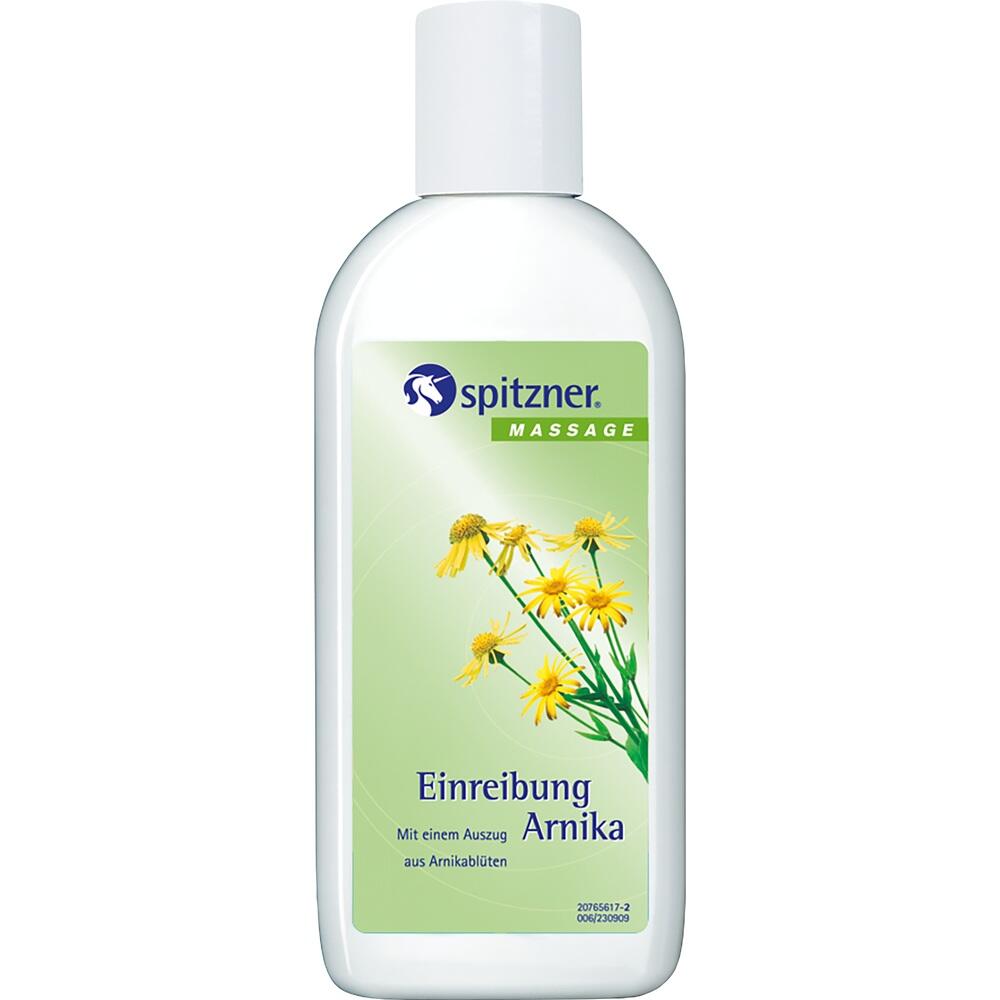 Flasche mit Arnika-Einreibung und Bild von gelben Blumen auf grünem Etikett.