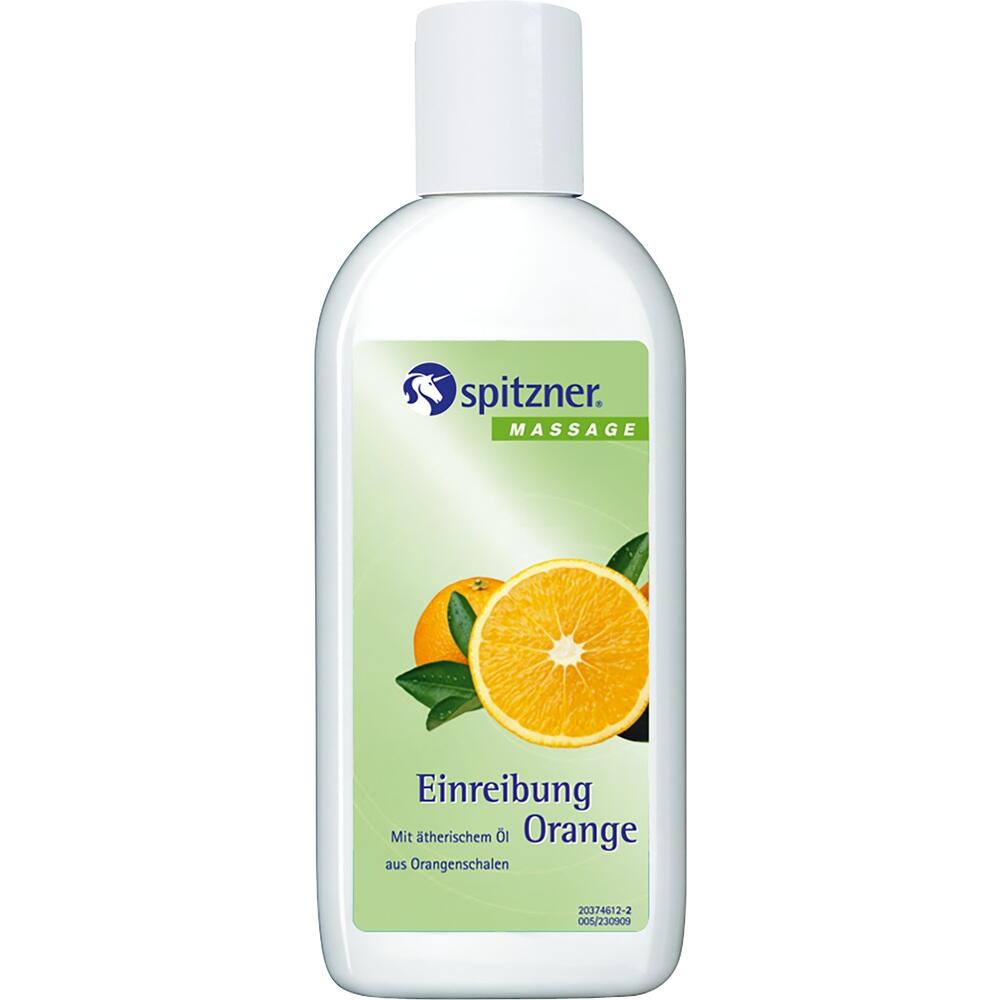 Wei&szlig;e Flasche mit Orangen-Motiv und der Aufschrift "Einreibung Orange".