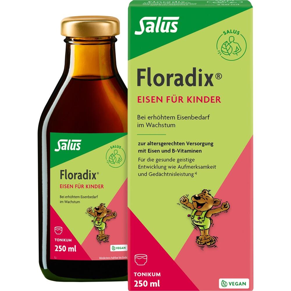 Flasche und Verpackung von "Floradix Eisen f&uuml;r Kinder" in Gr&uuml;n und Rot.