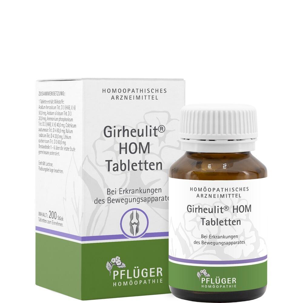 Braune Glasflasche und Verpackung mit der Aufschrift "Girheulit HOM Tabletten".