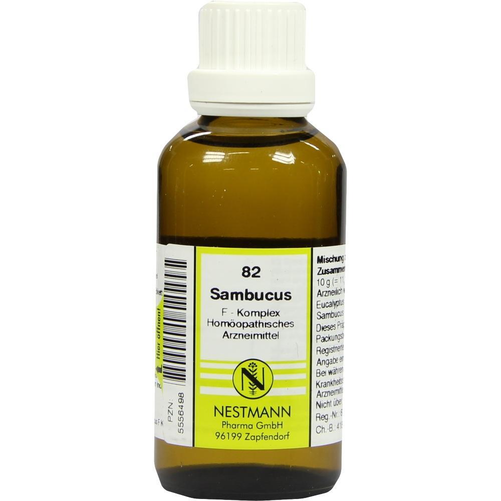 Braune Flasche mit wei&szlig;em Etikett, darauf steht "Sambucus" und "Nestmann Pharma".