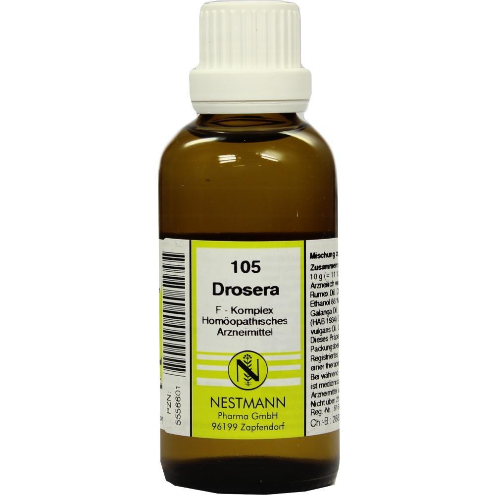 Flasche mit Etikett zeigt hom&ouml;opathisches Mittel "Drosera" von Nestmann Pharma.