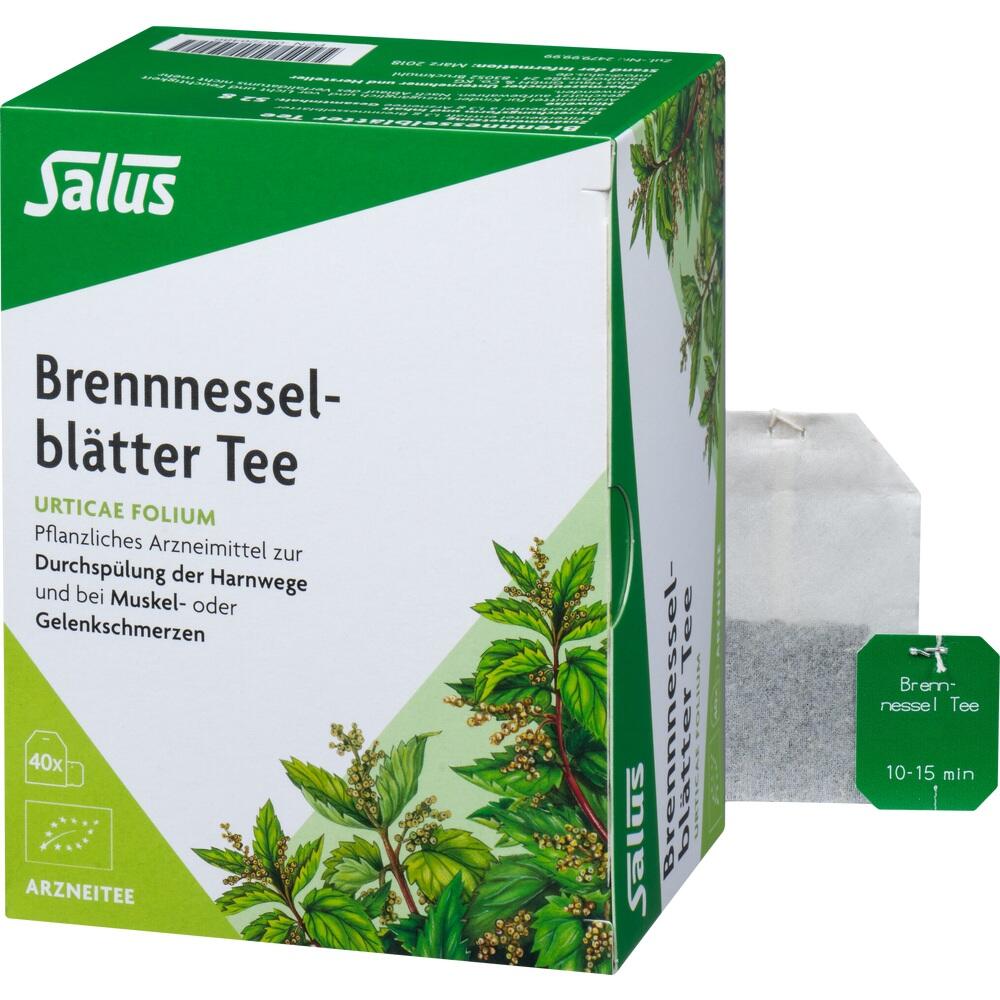 Packung mit Brennnesselbl&auml;tter-Tee und einem Teebeutel daneben.