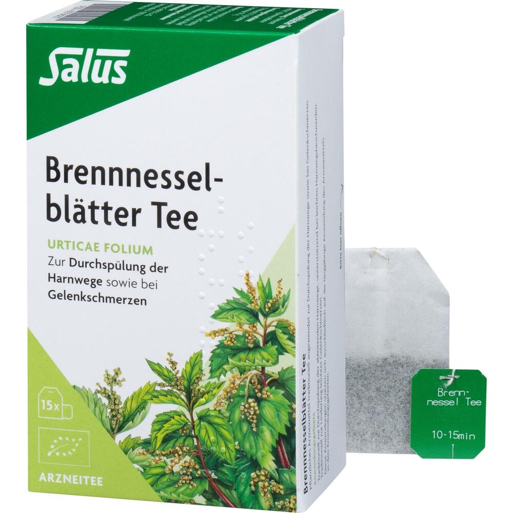 Gr&uuml;ne Packung Brennnesselbl&auml;tter-Tee mit Teebeutel daneben.