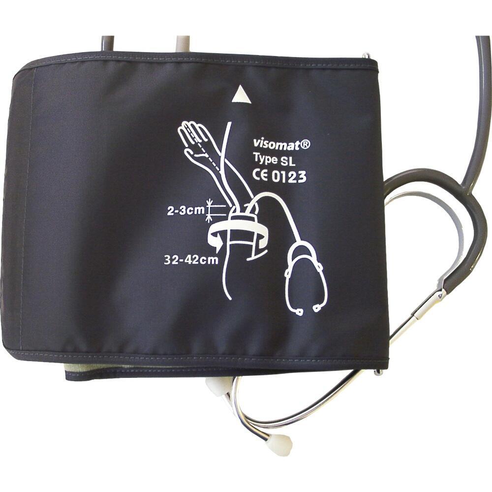 Eine Blutdruckmanschette mit einem eingezeichneten Arm und Maßen.