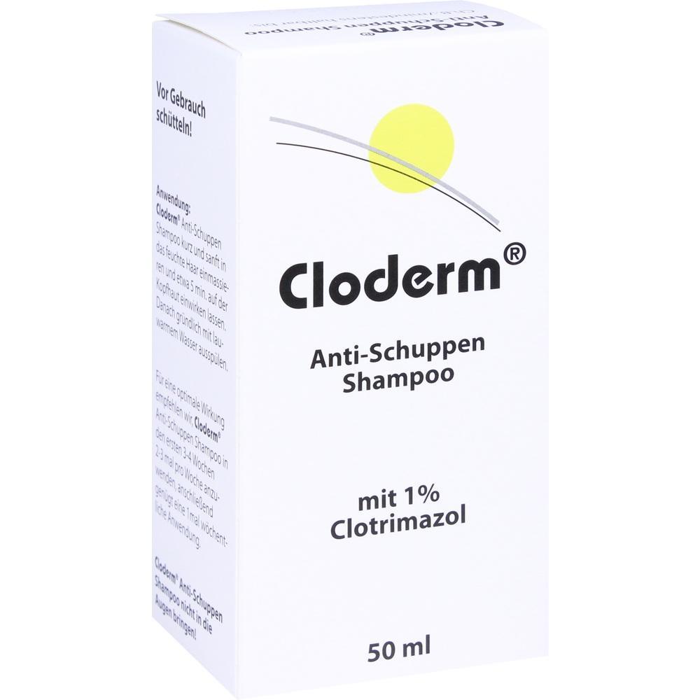Wei&szlig;e Shampoo-Packung mit der Aufschrift "Cloderm Anti-Schuppen Shampoo".