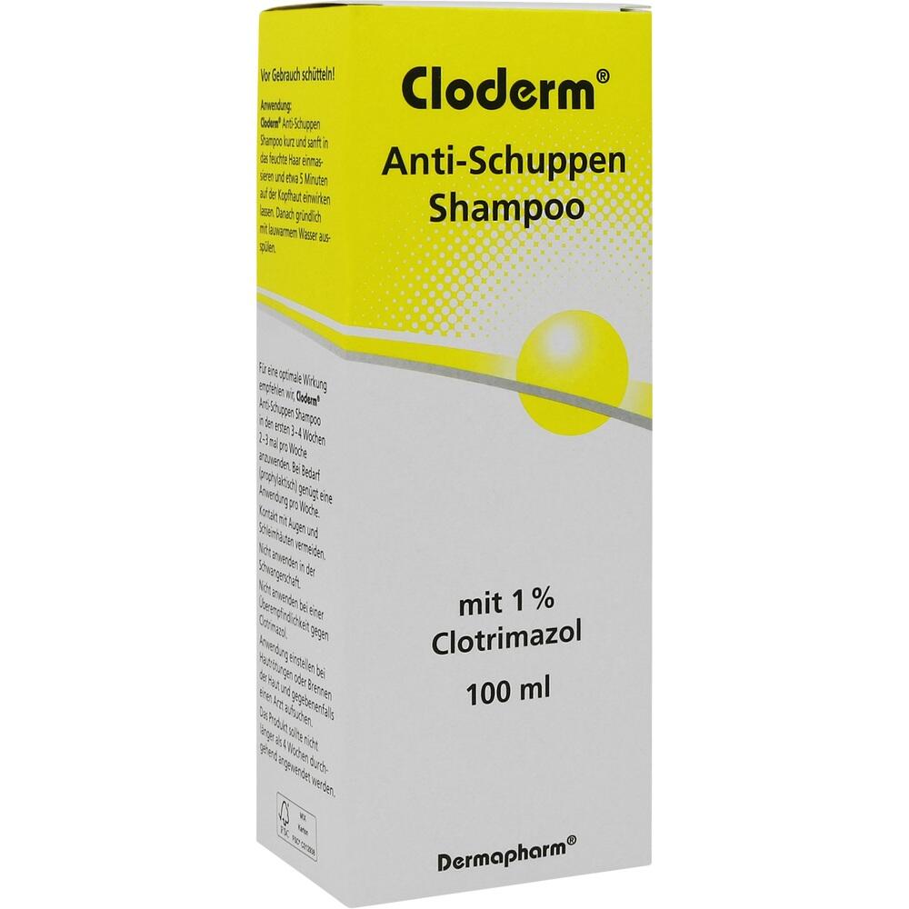 Gelbe Shampoo-Packung mit der Aufschrift "Cloderm Anti-Schuppen Shampoo".