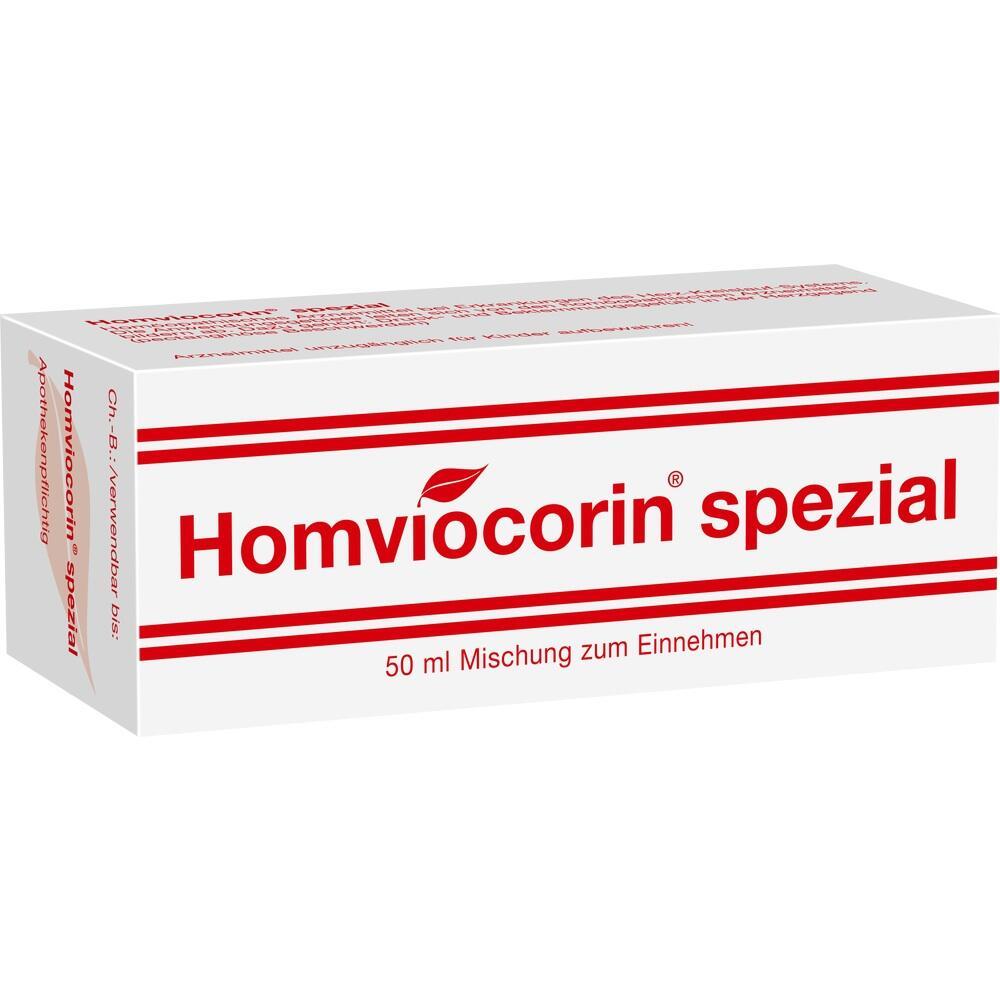 Wei&szlig;e Verpackung mit rotem Text "Homviocorin spezial", 50 ml Mischung zum Einnehmen.