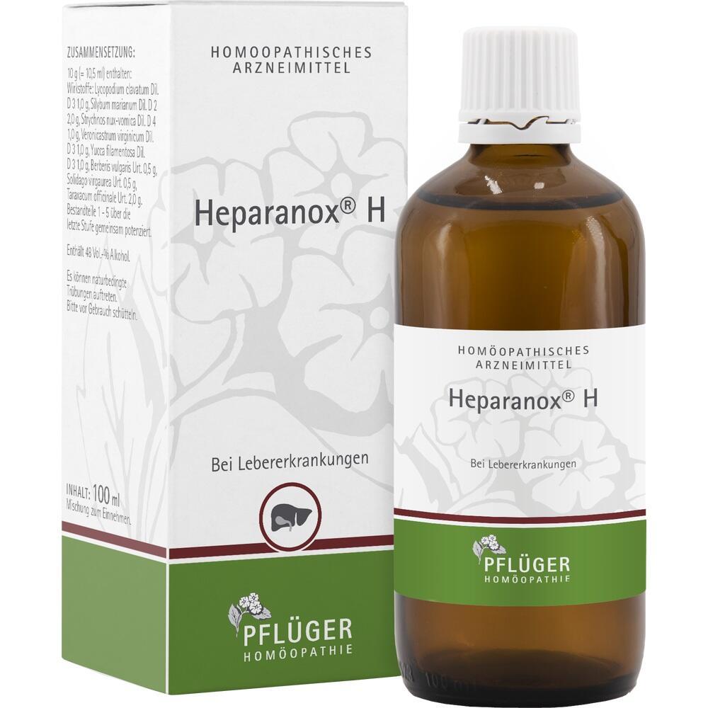 Eine braune Flasche und Verpackung von Heparanox, einem homöopathischen Mittel bei Lebererkrankungen.