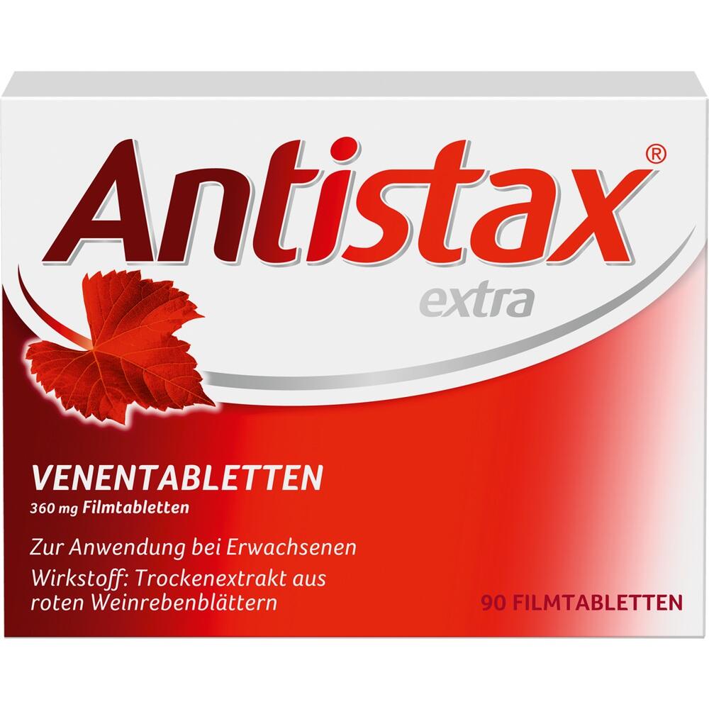 Rote Packung mit Antistax Venentabletten aus Weinblättern für Erwachsene.