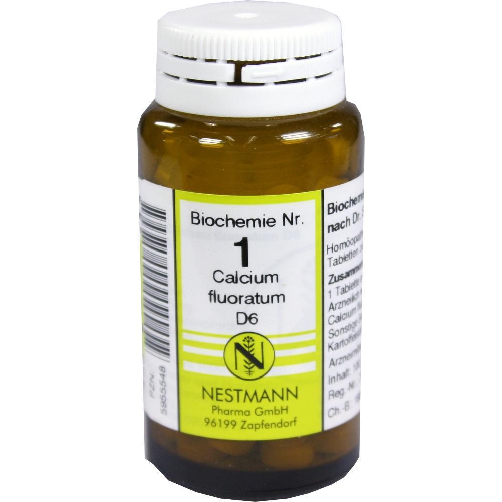 Braunes Fläschchen mit weißem Deckel und Etikett "Biochemie Nr. 1 Calcium fluoratum D6".