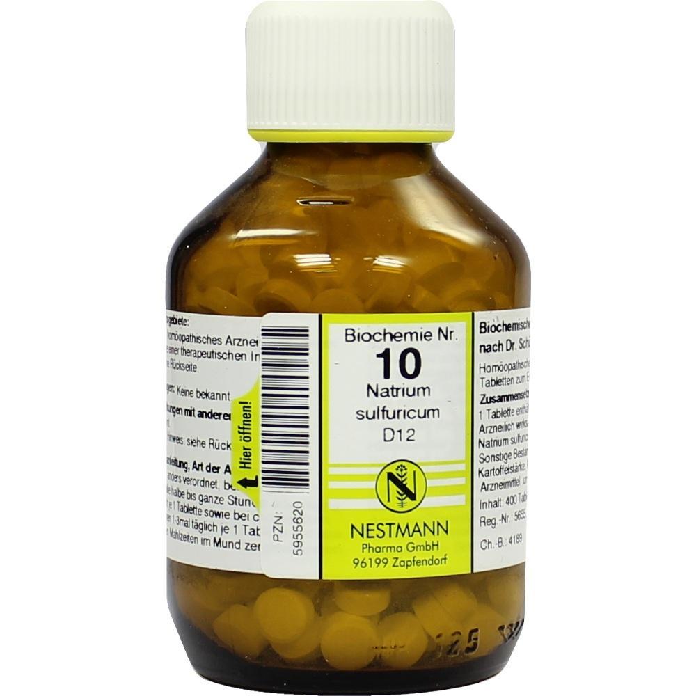 Braunes Glasfläschchen mit weißen Tabletten und einem gelben Etikett, darauf steht "Natrium sulfuricum".