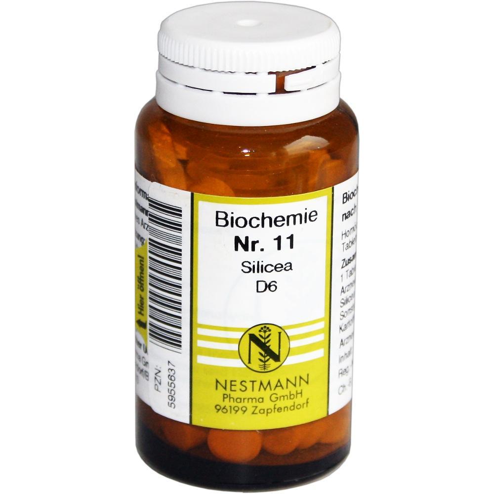 Braunes Glas mit weißem Deckel und Etikett "Biochemie Nr. 11 Silicea D6".