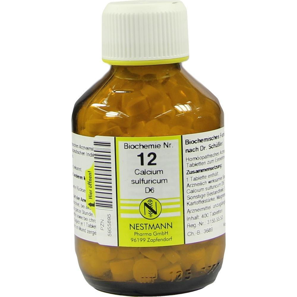 Braune Glasflasche mit weißem Deckel und Etikett für Biochemie Nr. 12 Calcium sulfuricum D6.