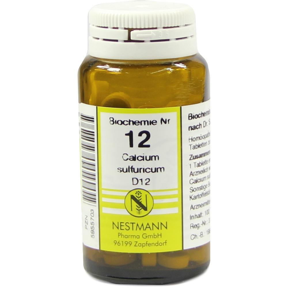 Braunes Fläschchen mit weißem Deckel und Etikett von Calcium sulfuricum D12.