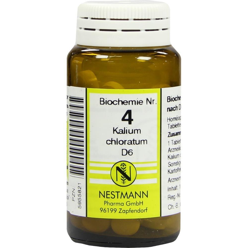 Braunes Fl&auml;schchen mit Etikett f&uuml;r Kalium chloratum D6 Tabletten von Nestmann.