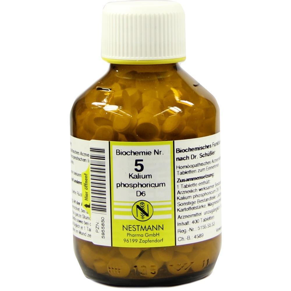 Braunes Glasfl&auml;schchen mit wei&szlig;en Tabletten und Etikett "Biochemie Nr. 5 Kalium phosphoricum".