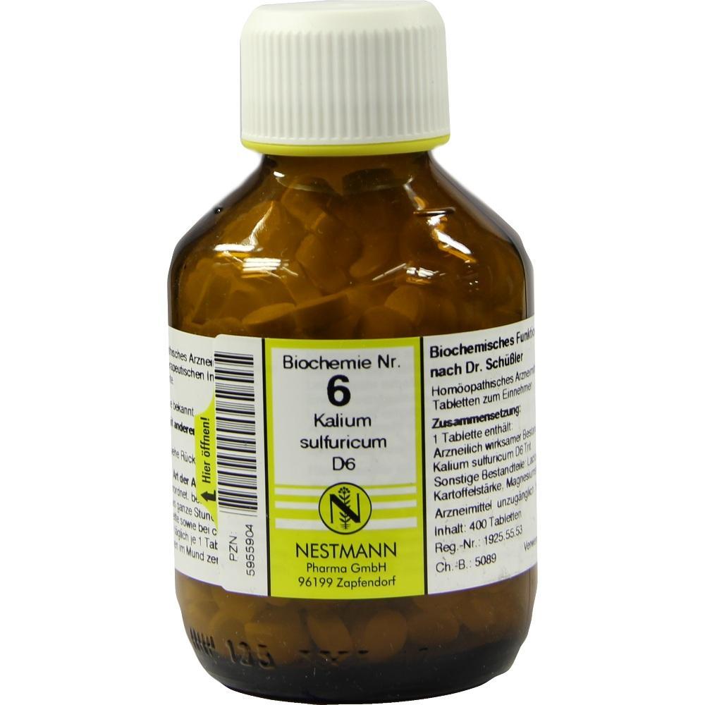 Braune Flasche mit Etikett f&uuml;r hom&ouml;opathische Tabletten, Aufschrift "Kalium sulfuricum D6".
