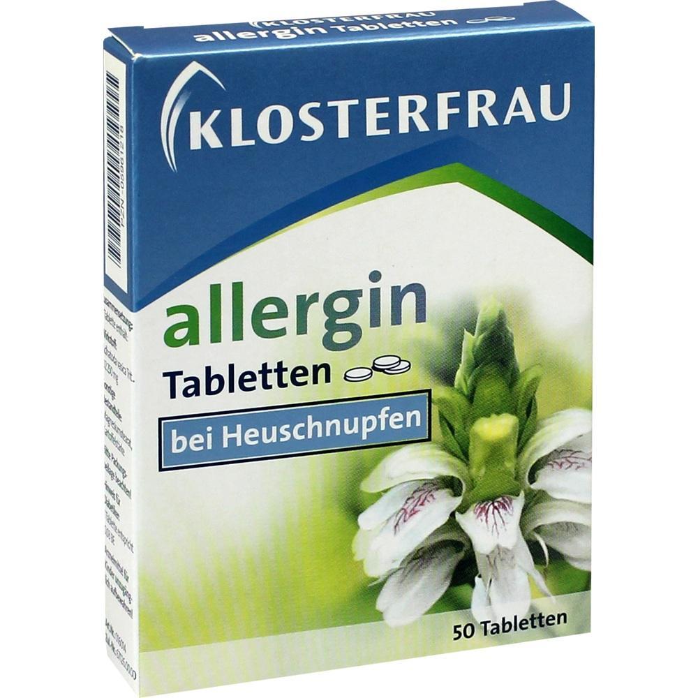 Schachtel mit Allergin-Tabletten gegen Heuschnupfen, vorne ist eine weiße Blume abgebildet.