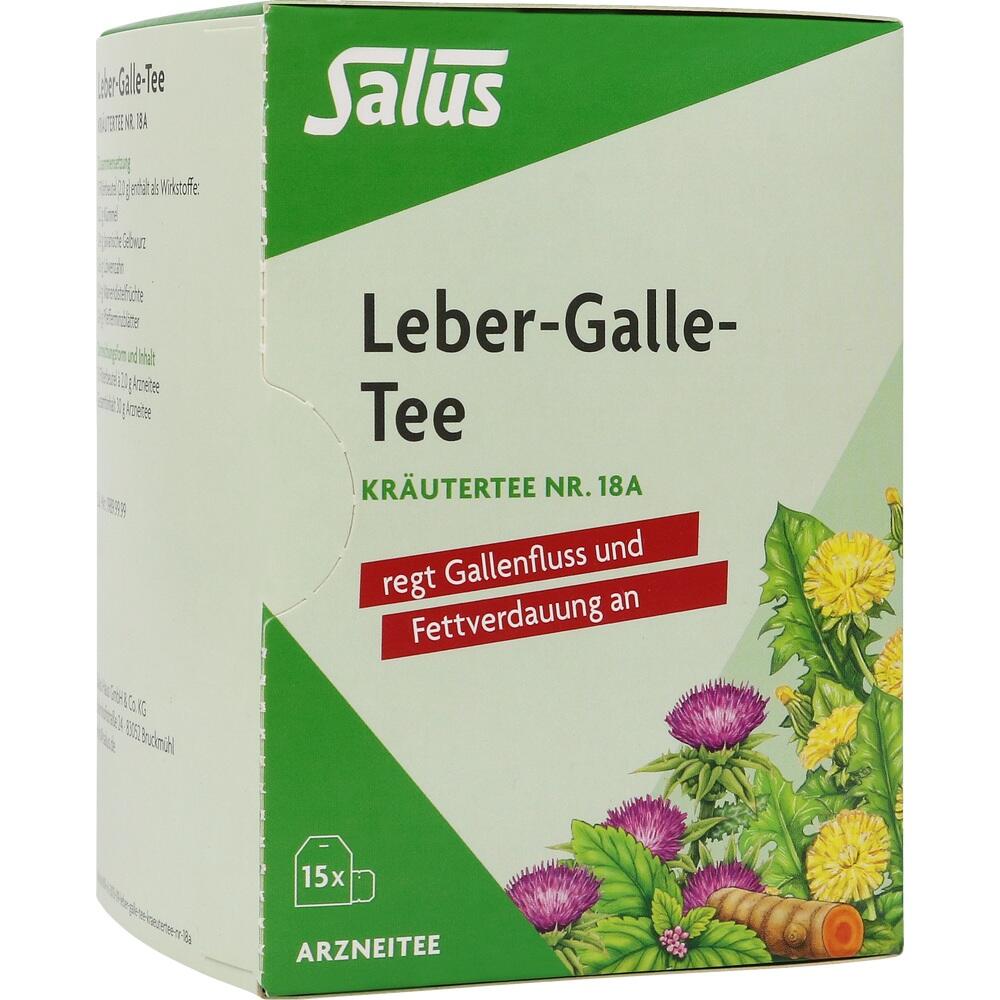 Gr&uuml;ne Teeverpackung mit Blumenillustrationen, "Leber-Galle-Tee" f&uuml;r Verdauung.