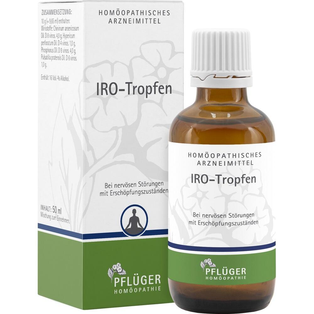 Braune Glasflasche und Verpackung von IRO-Tropfen, homöopathisches Medikament.