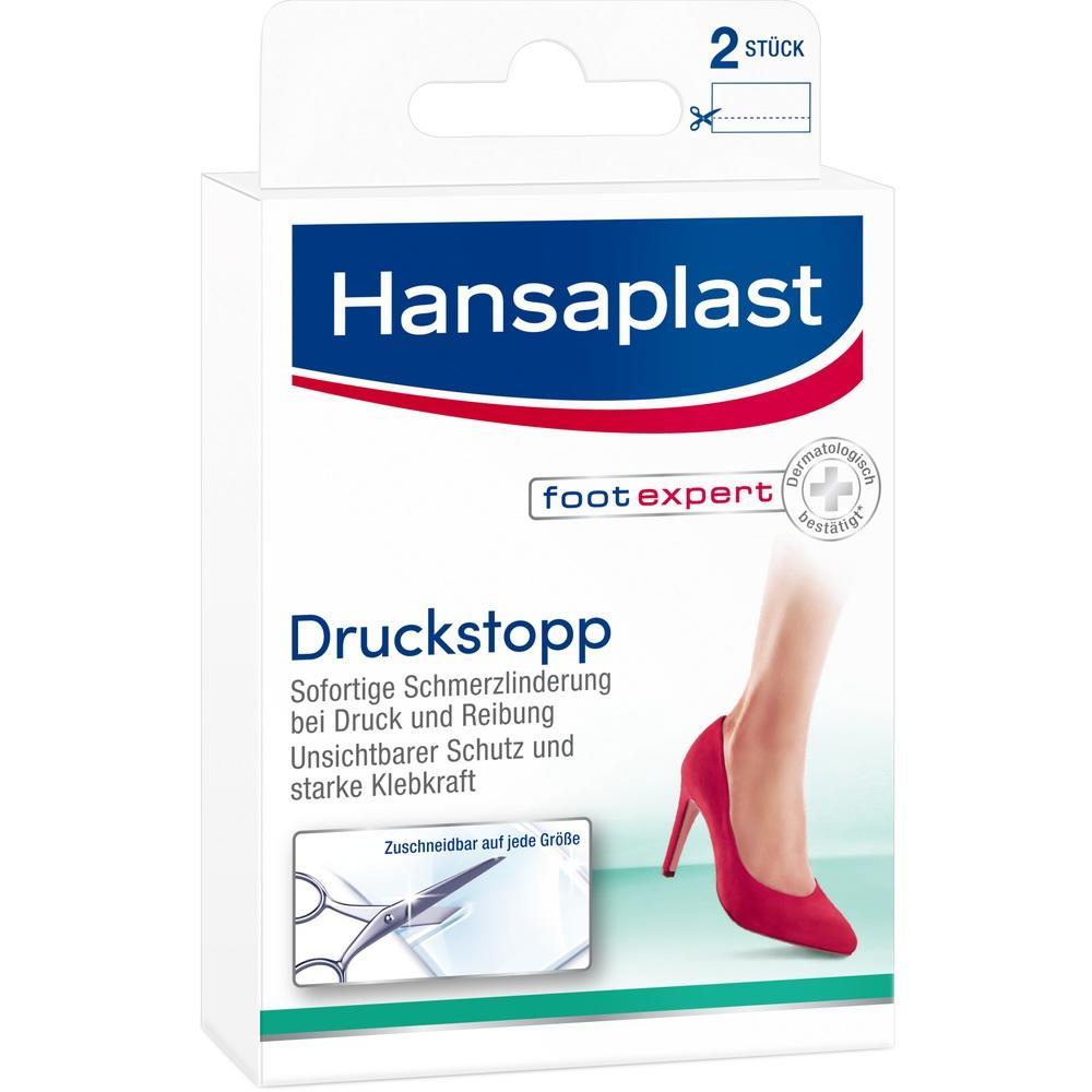 Verpackung von Hansaplast Druckstopps mit rotem Schuh und Bein.