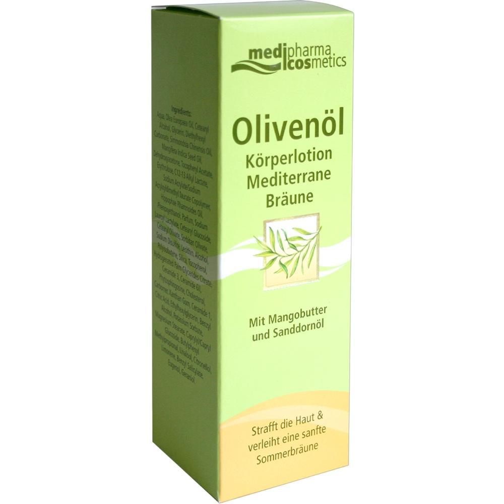 Grüne Verpackung einer Olivenöl-Körperlotion für mediterrane Bräune.