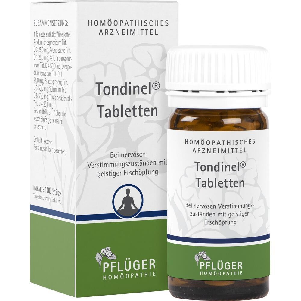 Eine Packung und Flasche homöopathischer Tondinel Tabletten von Pflüger.