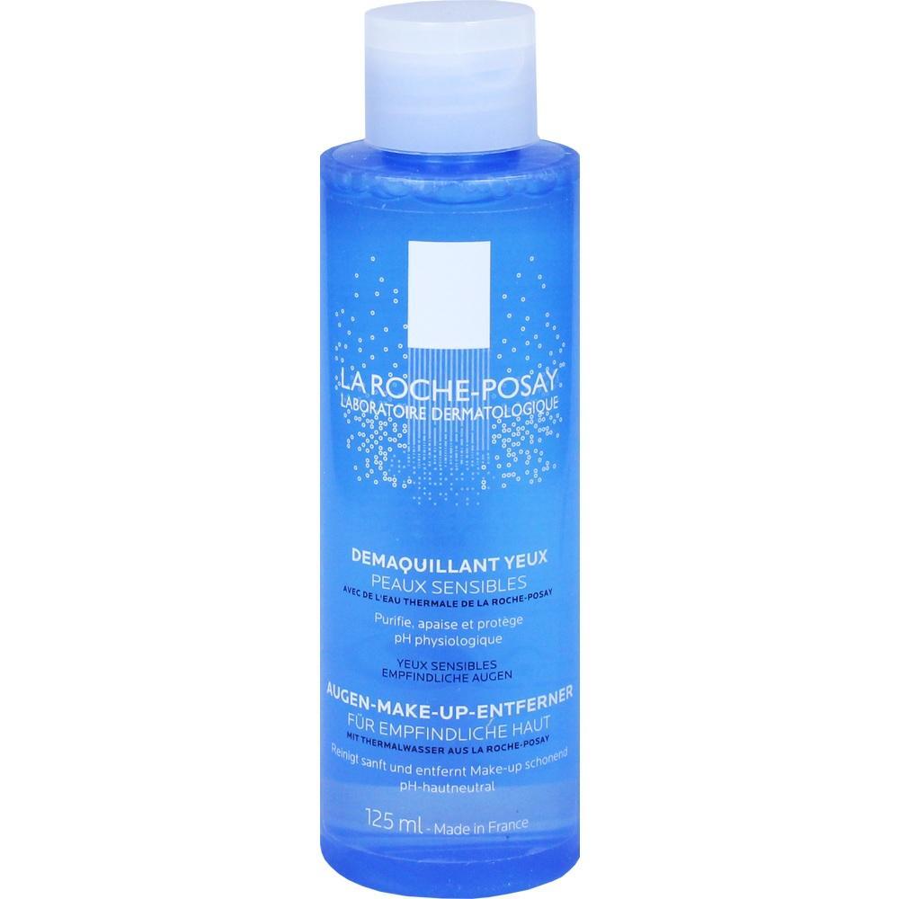 Blaues Fläschchen mit Augen-Make-up-Entferner für empfindliche Haut.