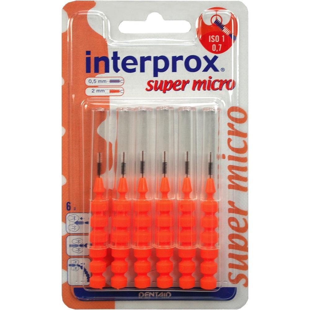 Verpackung mit sechs orangefarbenen Interdentalb&uuml;rsten f&uuml;r die Zahnpflege.