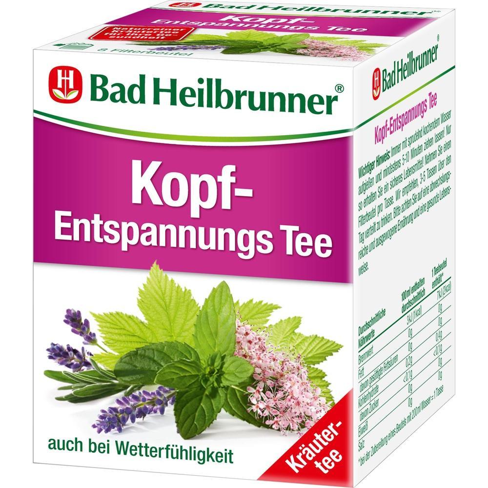Eine Packung Kopf-Entspannungs Tee mit Bildern von Kr&auml;utern.
