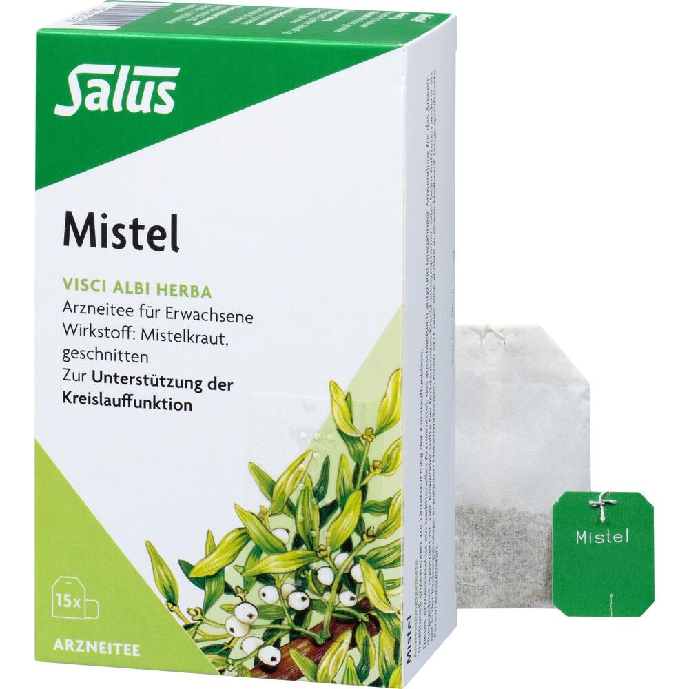 Verpackung f&uuml;r Misteltee zur Unterst&uuml;tzung der Kreislauffunktion mit Teebeutel daneben.