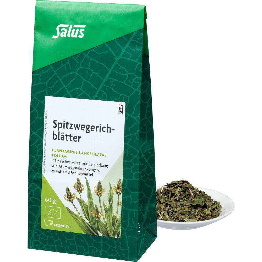 Gr&uuml;ne Packung mit Spitzwegerichbl&auml;ttern und ein Teller mit getrockneten Bl&auml;ttern.