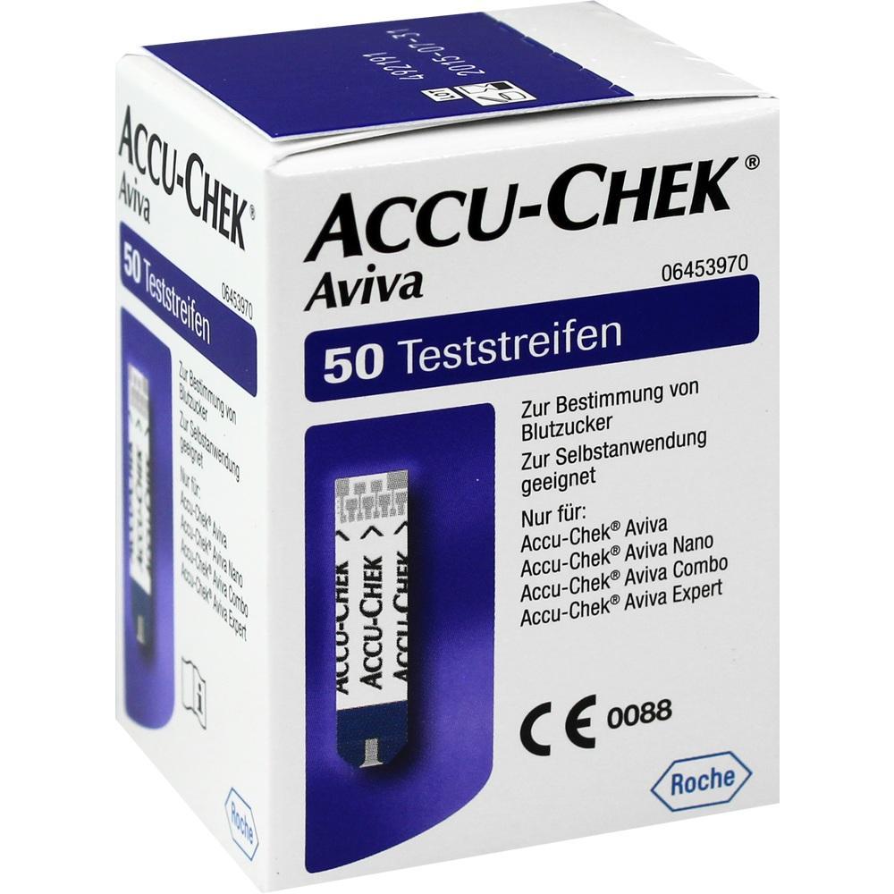 Wei&szlig;e Verpackung mit 50 Blutzucker-Teststreifen von Accu-Chek Aviva.