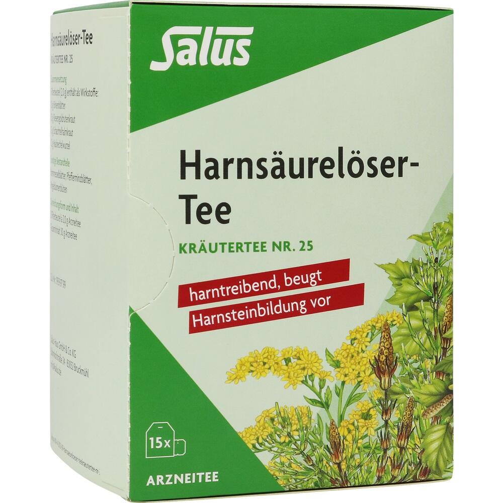 Packung mit Harns&auml;urel&ouml;ser-Tee zur Vorbeugung von Harnsteinen, mit Pflanzenabbildung.