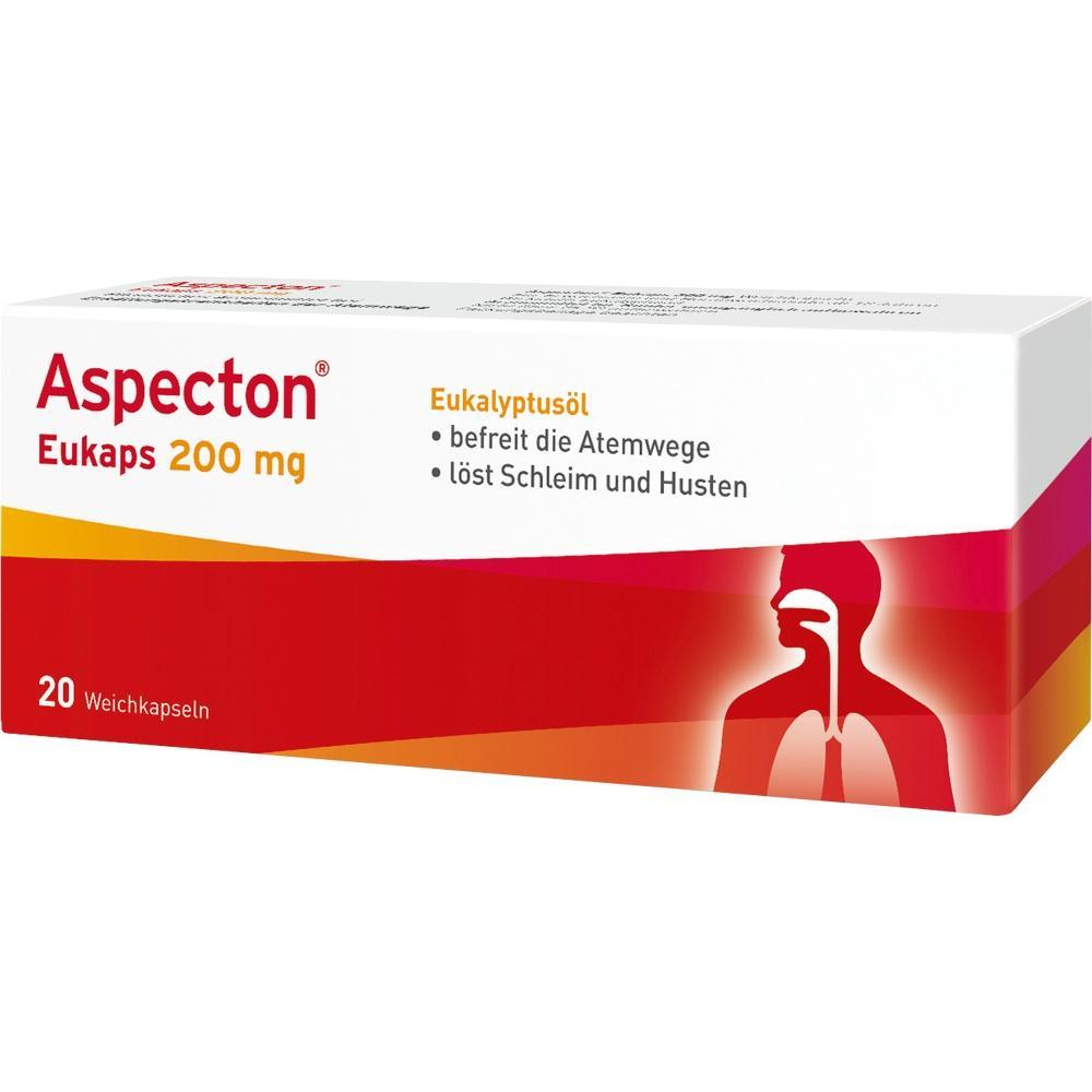 Eine Packung mit 20 Aspecton Weichkapseln zur Linderung von Husten und Atemwegsproblemen.