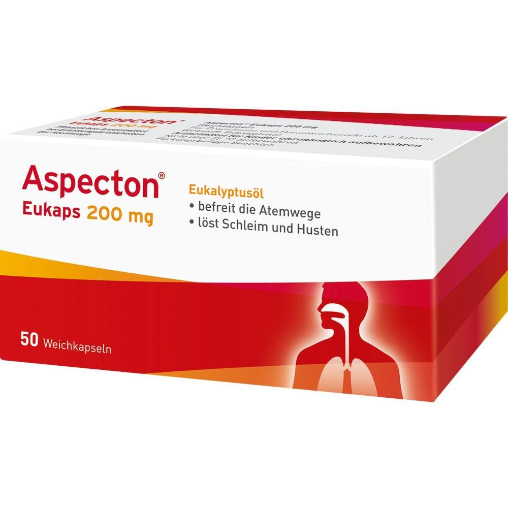 Auf der Verpackung steht: "Aspecton Eukaps 200 mg, 50 Weichkapseln mit Eukalyptusöl".