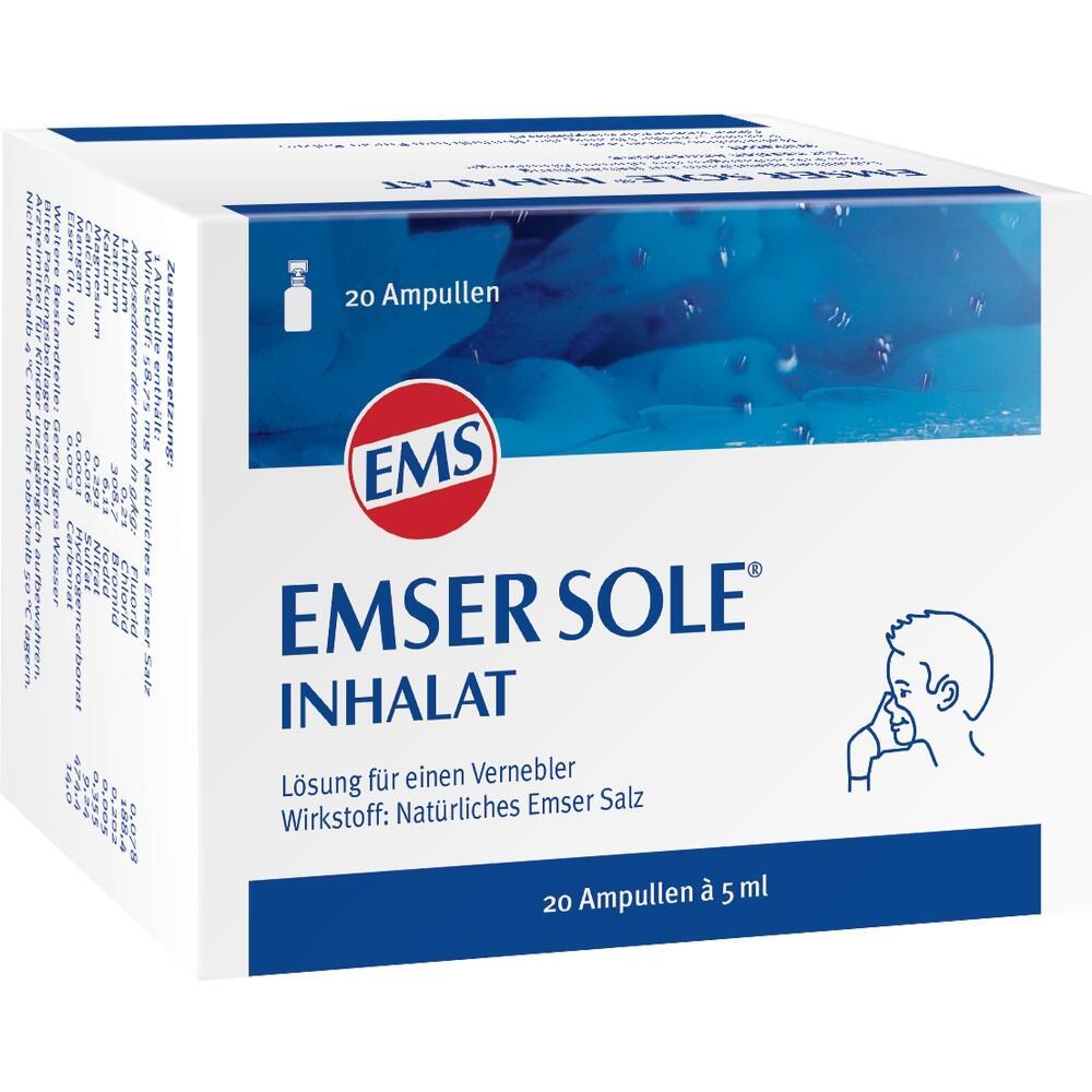 Weiße Verpackung von Emser Sole Inhalat mit 20 Ampullen à 5 ml.