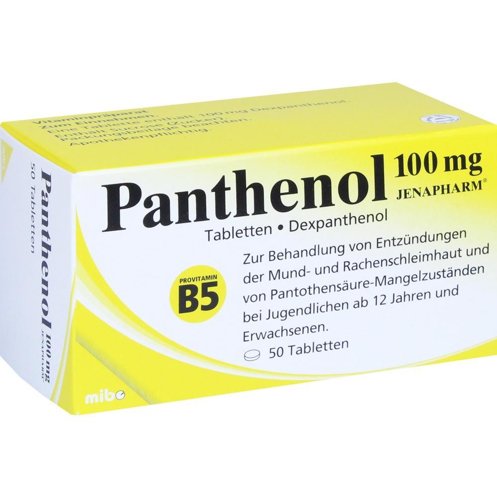 Gelbe Packung von Panthenol Tabletten zur Behandlung von Entz&uuml;ndungen, 50 St&uuml;ck.