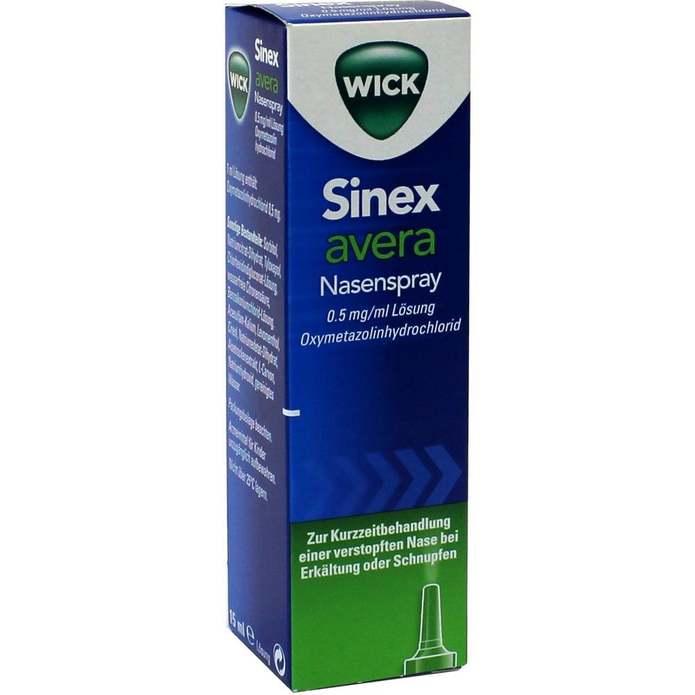 Eine Packung Wick Sinex avera Nasenspray gegen verstopfte Nase steht aufrecht.