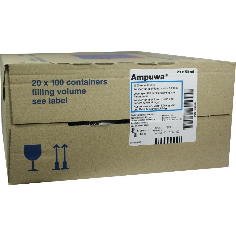 Ein Karton mit der Aufschrift "Ampuwa" und Informationen zu Wasser f&uuml;r Injektionen.