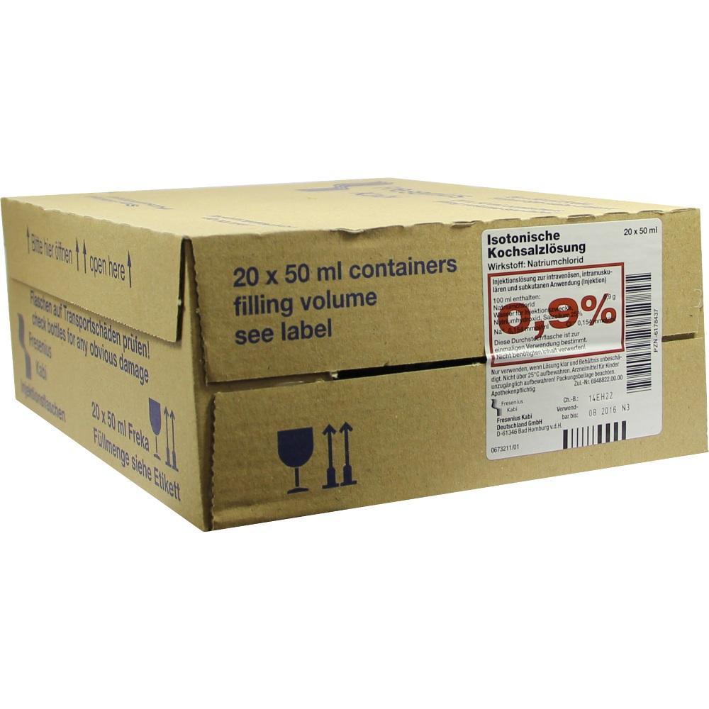 Ein geschlossener Pappkarton mit Aufschrift "Isotonische Kochsalzl&ouml;sung".