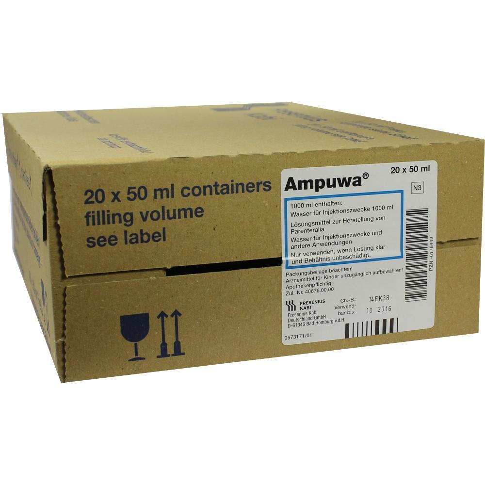 Ein brauner Karton mit der Aufschrift "Ampuwa" enth&auml;lt 20 mal 50 ml Flaschen mit Wasser.