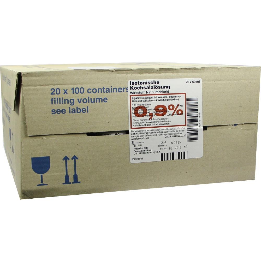Ein brauner Karton mit der Aufschrift "Isotonische Kochsalzl&ouml;sung".
