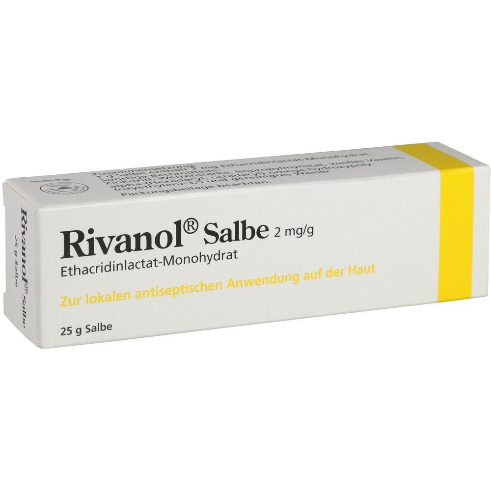 Eine wei&szlig;e Schachtel mit der Aufschrift "Rivanol Salbe" zur Hautanwendung.