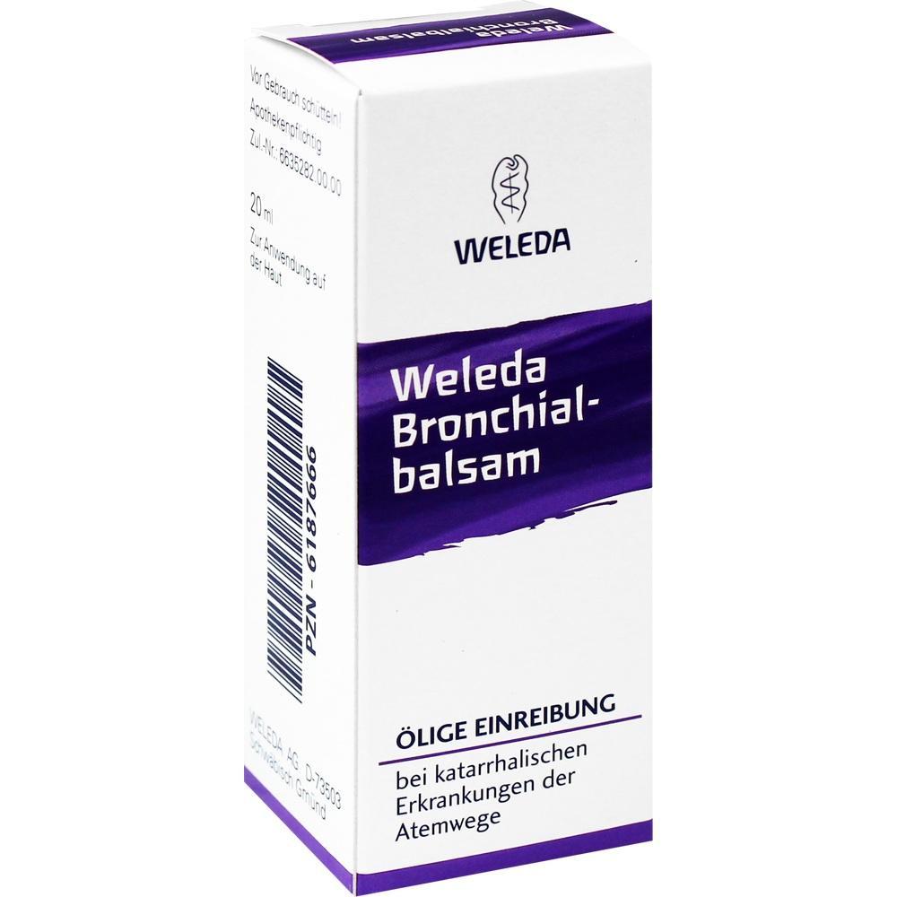 Weiße Verpackung für "Weleda Bronchialbalsam" mit lila Details gegen Atemwegserkrankungen.