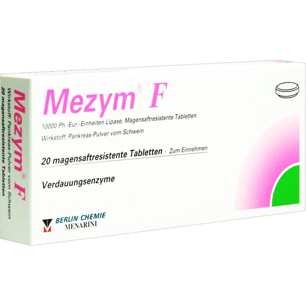 Wei&szlig;e Medikamentenverpackung mit der Aufschrift "Mezym F" und "Verdauungsenzyme".